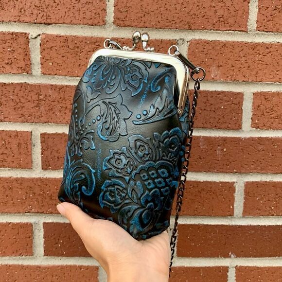 Vintage Style Handmade Genuine Embossed Leather Purse/ Phone case/Crossbody - Picture 3 of 12